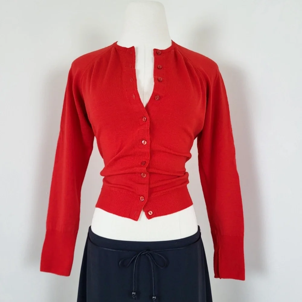 60’s Merino Wool Knit Cardigan Fitted Vintage 3/4 sleeve button down up - Picture 5 of 13